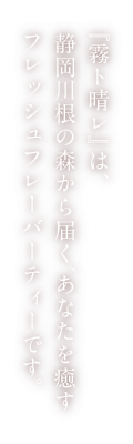 『霧ト晴レ』は、 静岡川根の森から届く、あなたを癒す フレッシュフレーバーティーです。